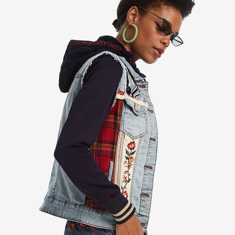 Desigual Blue Denim Vest with Red Plaid and Floral Embroidery